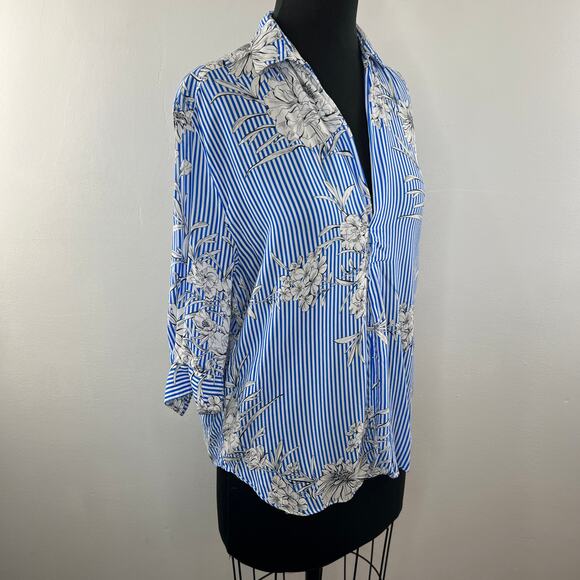ZARA Blue White S Blouse Striped Floral 3/4 Sleeve Button Up Collar Regular Fit - Picture 3 of 7
